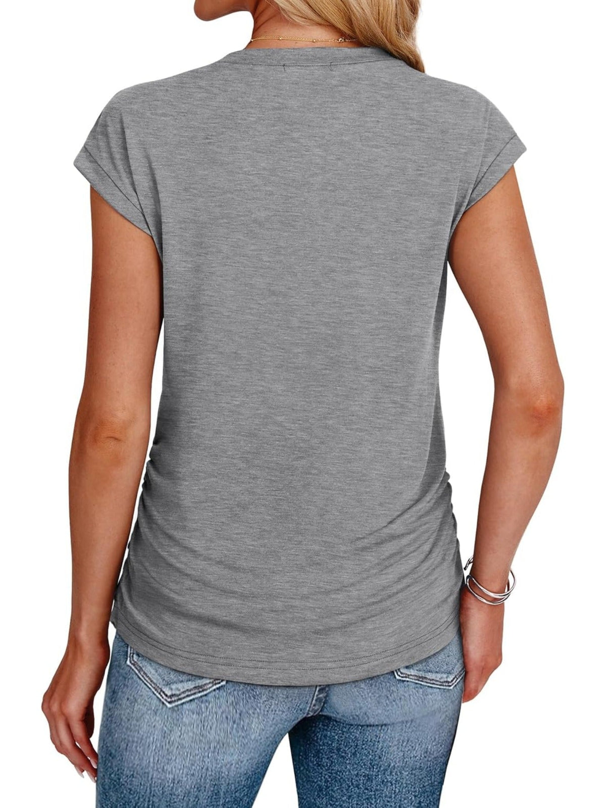 Solid Color Crew Neck Ruched Cap Short Sleeve T Shirts