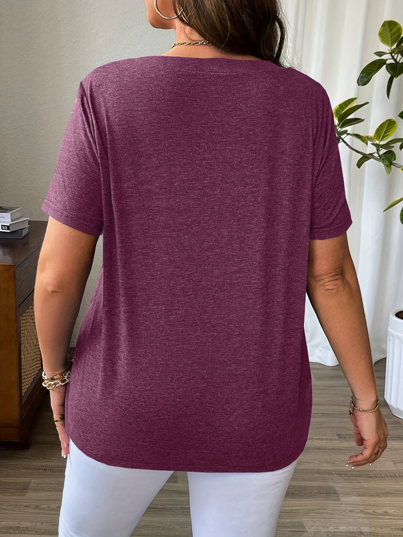 Solid Color T-Shirt with Crisscross V-Neck and Short Sleeves