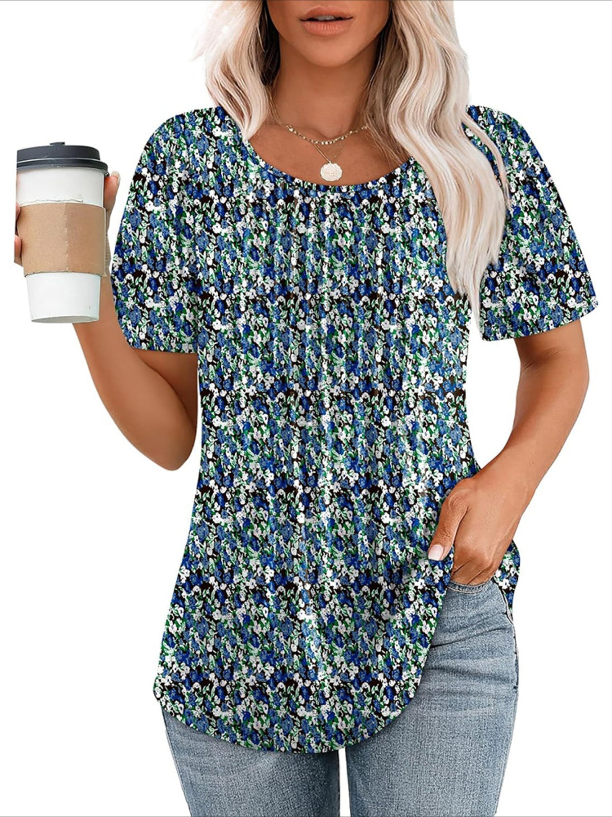 Floral Print Pintuck T-Shirt, Casual Short Sleeve Top