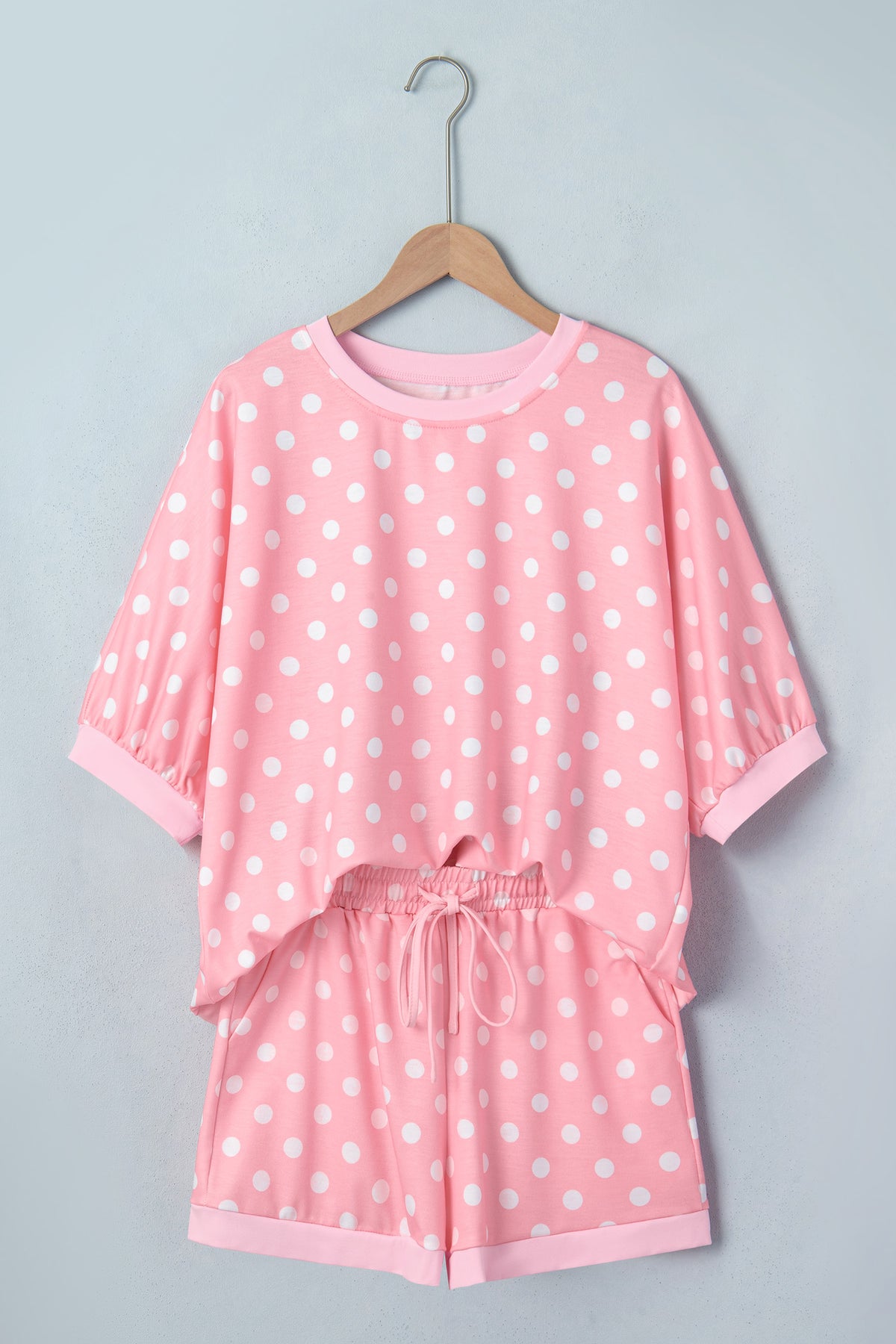 Pink Polka Dot Oversized Top Drawstring Short Set