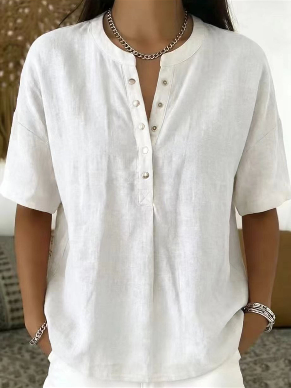 Cotton And Linen Round Neck Short Sleeve Button H-Line Daily Going Out Casual Loose Blouse