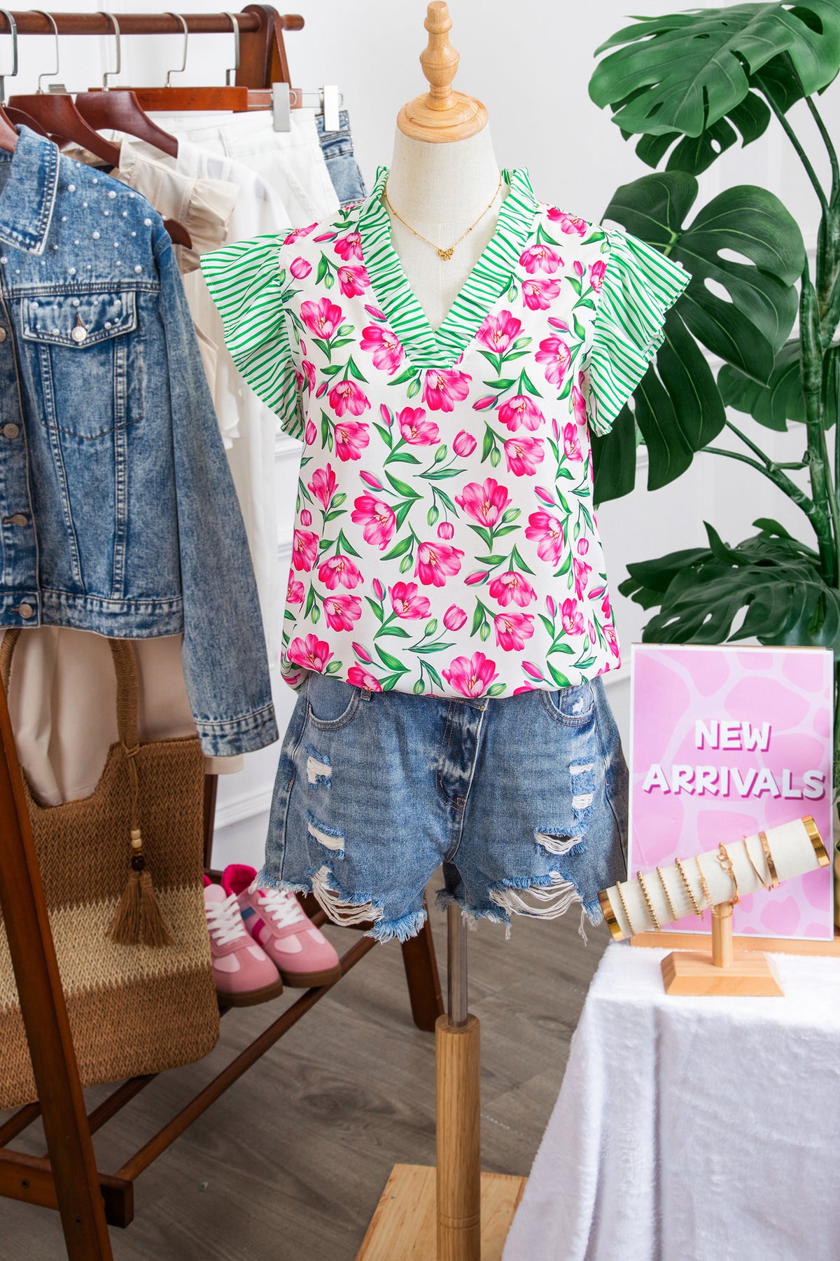 Multicolour Sweet Floral Print Striped Ruffle Trim V Neck Blouse