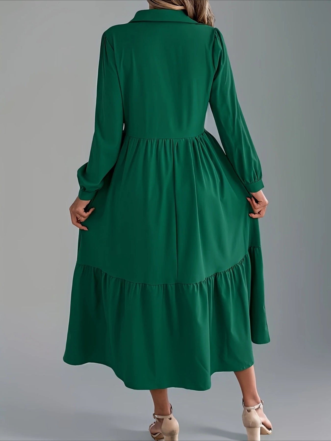 Elegant Solid Color Ruffle Hem Long Sleeve Lapel Collar Midi Dress