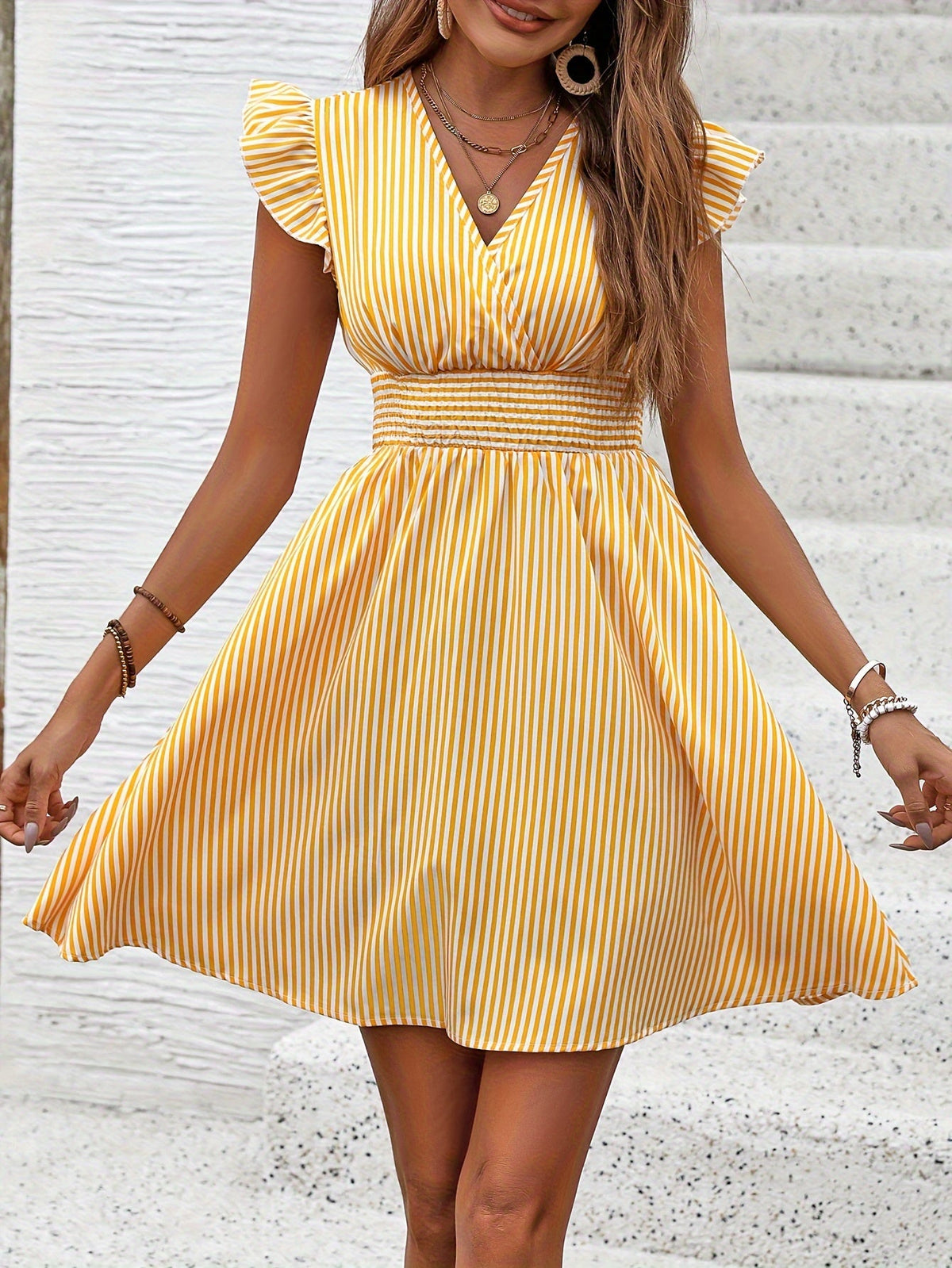 Summer Striped Surplice Dress with Flutter Sleeves and Shirred Waist