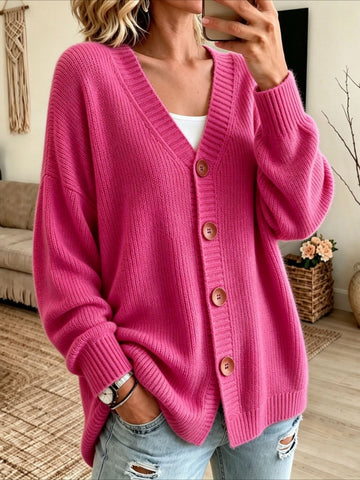 Solid Color Button V Neck Knitted Cardigan Sweater