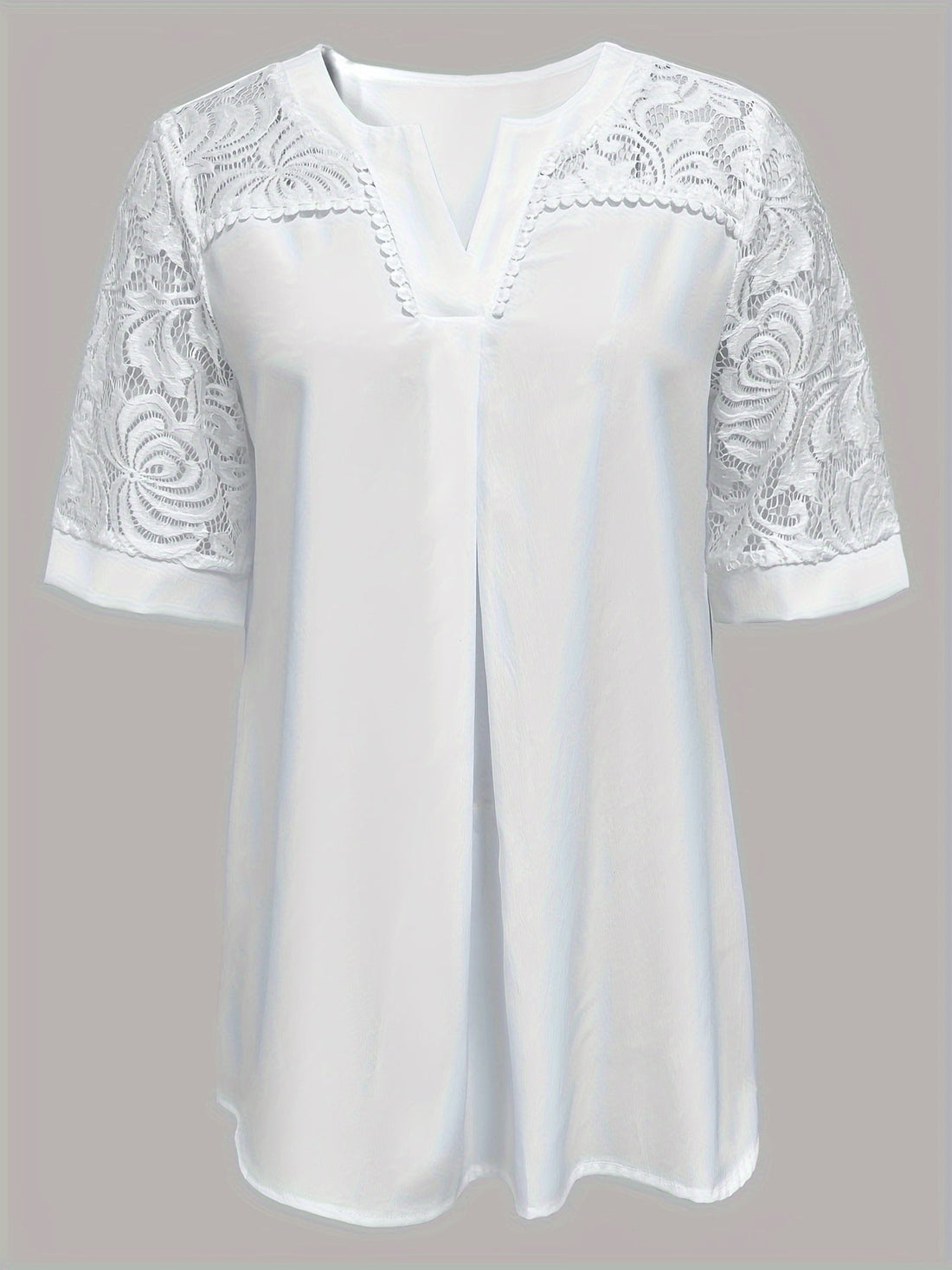 Contrast Lace Notched Neck T-Shirt, Casual Short Sleeve Top