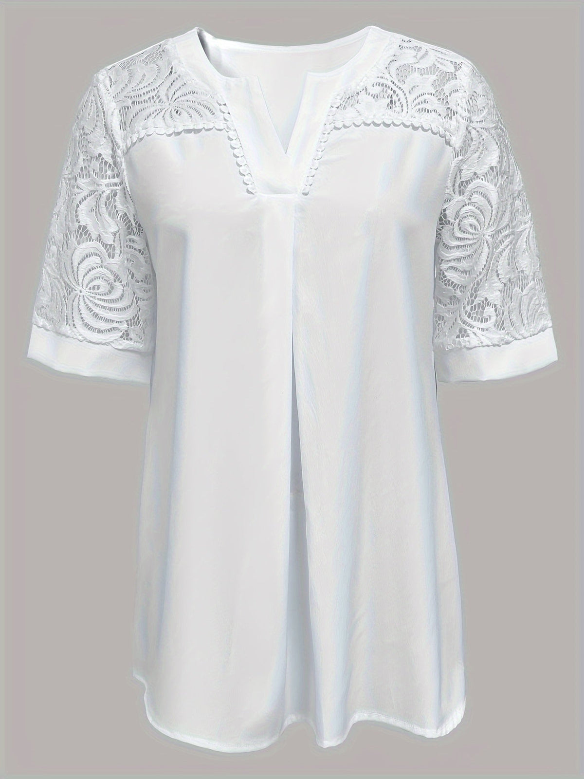 Contrast Lace Notched Neck T-Shirt, Casual Short Sleeve Top