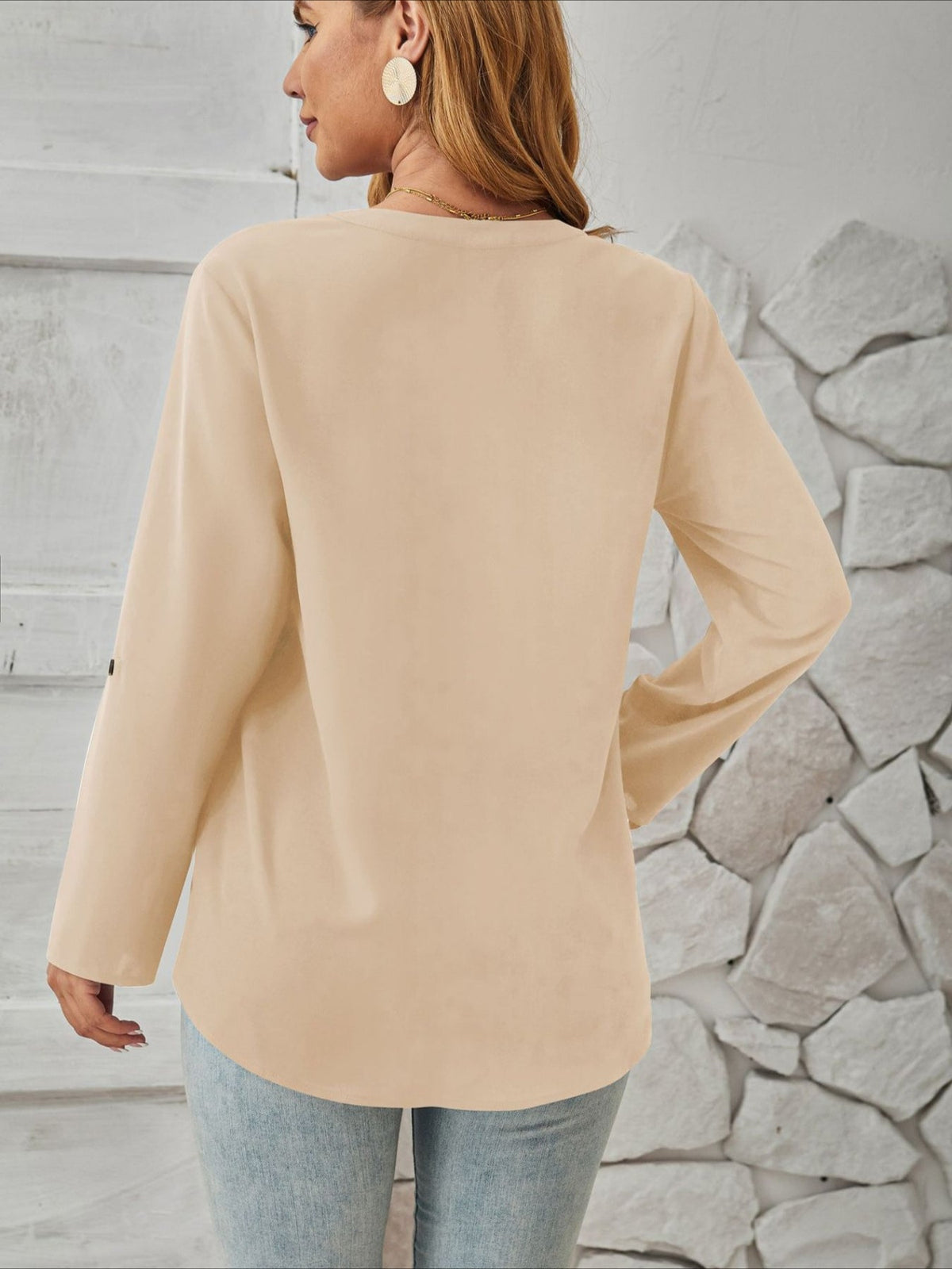 V-Neck Solid Color Comfortable Breathable Casual Long Sleeve Top
