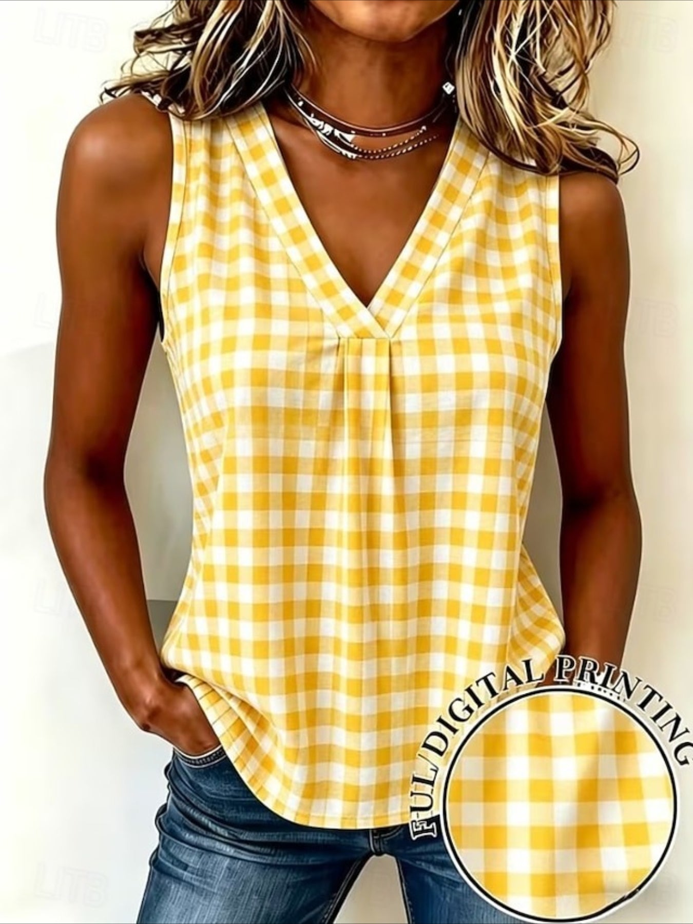 V-Neck Pullover Plaid Print Simple and Elegant Commuter Tank Top