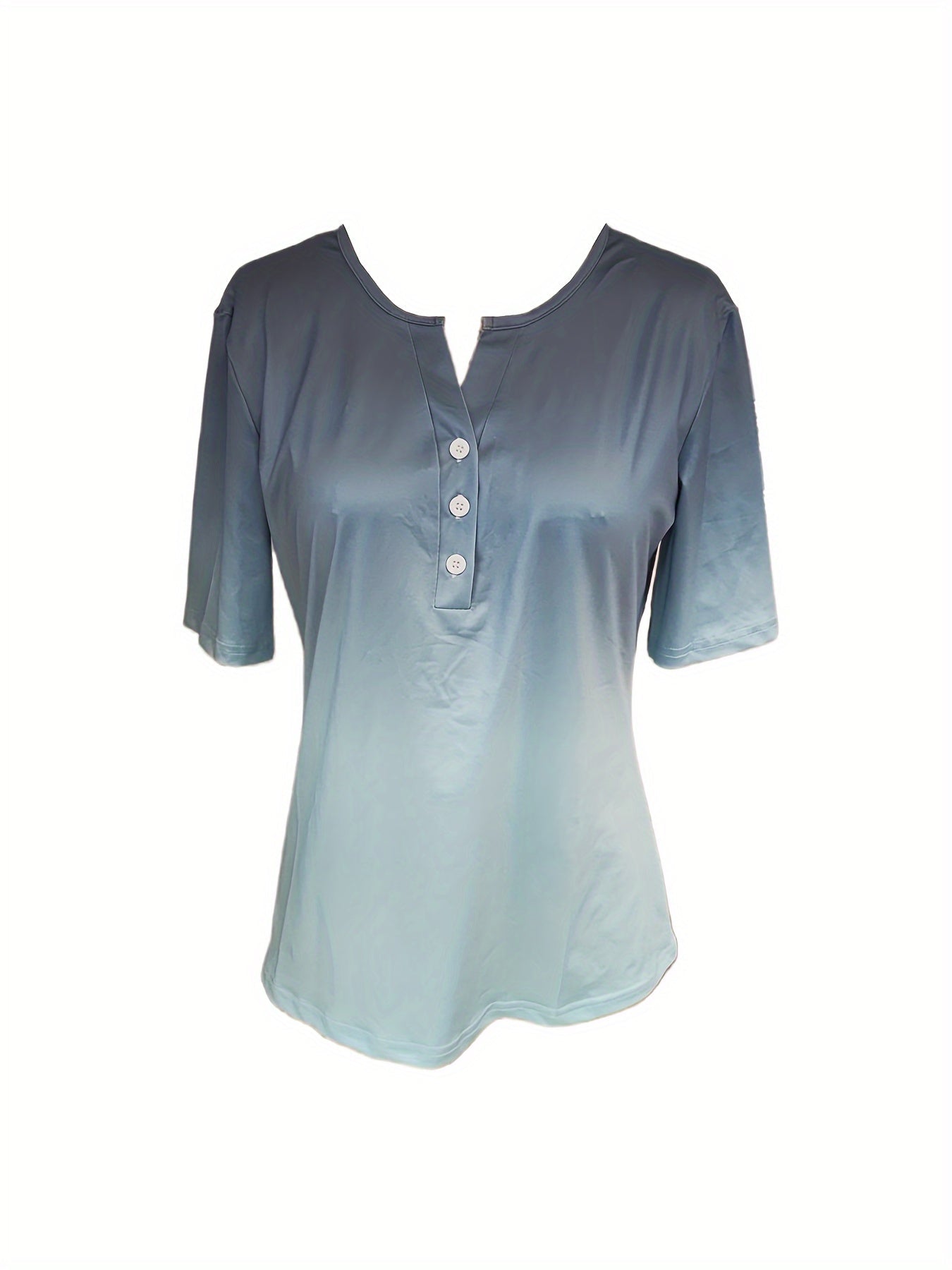 Ombre Fake Buttons Notched Neck T-shirt, Casual Short Sleeve Top