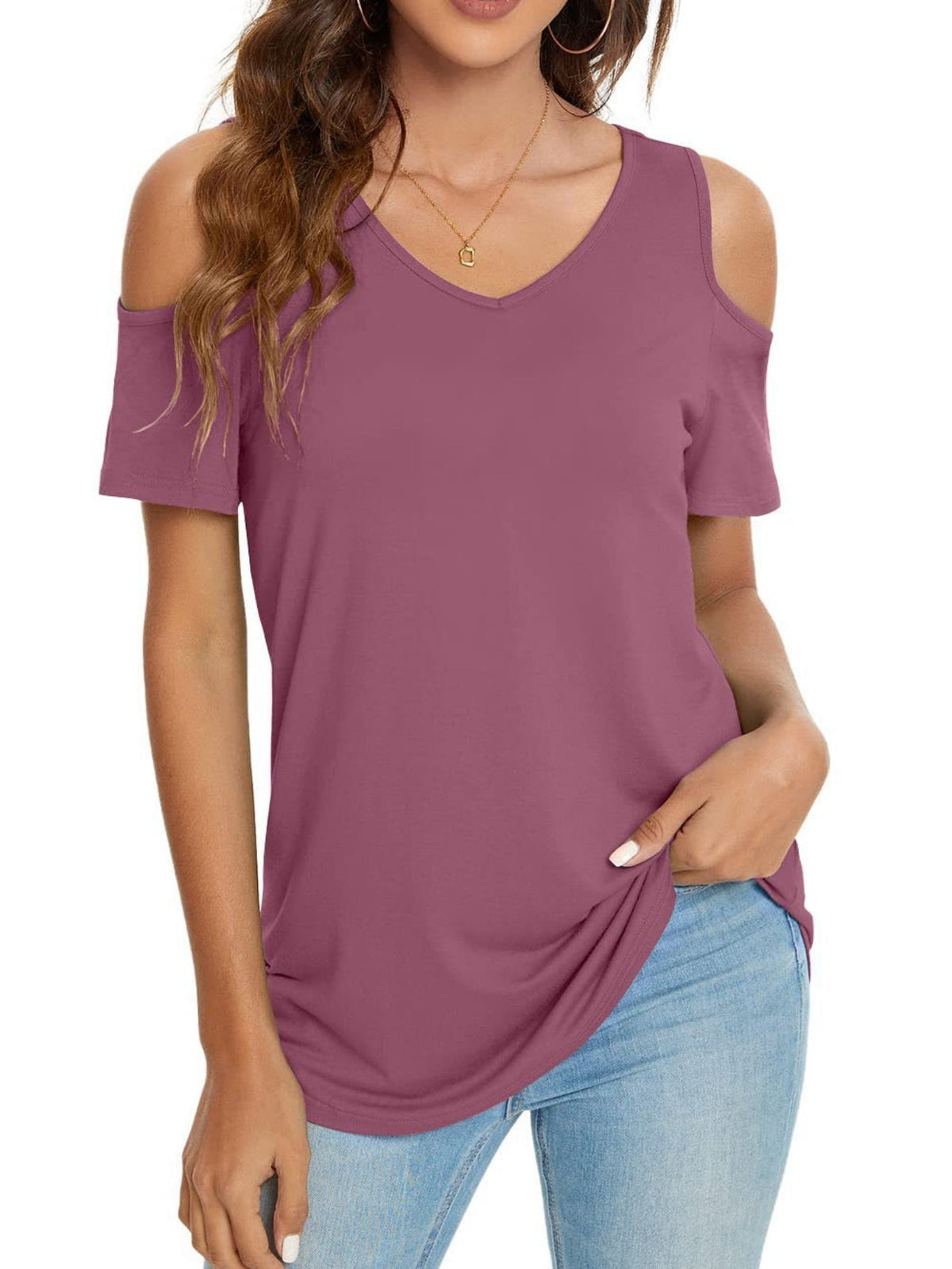 Cold Shoulder V Neck T-Shirt, Casual Short Sleeve T-Shirt