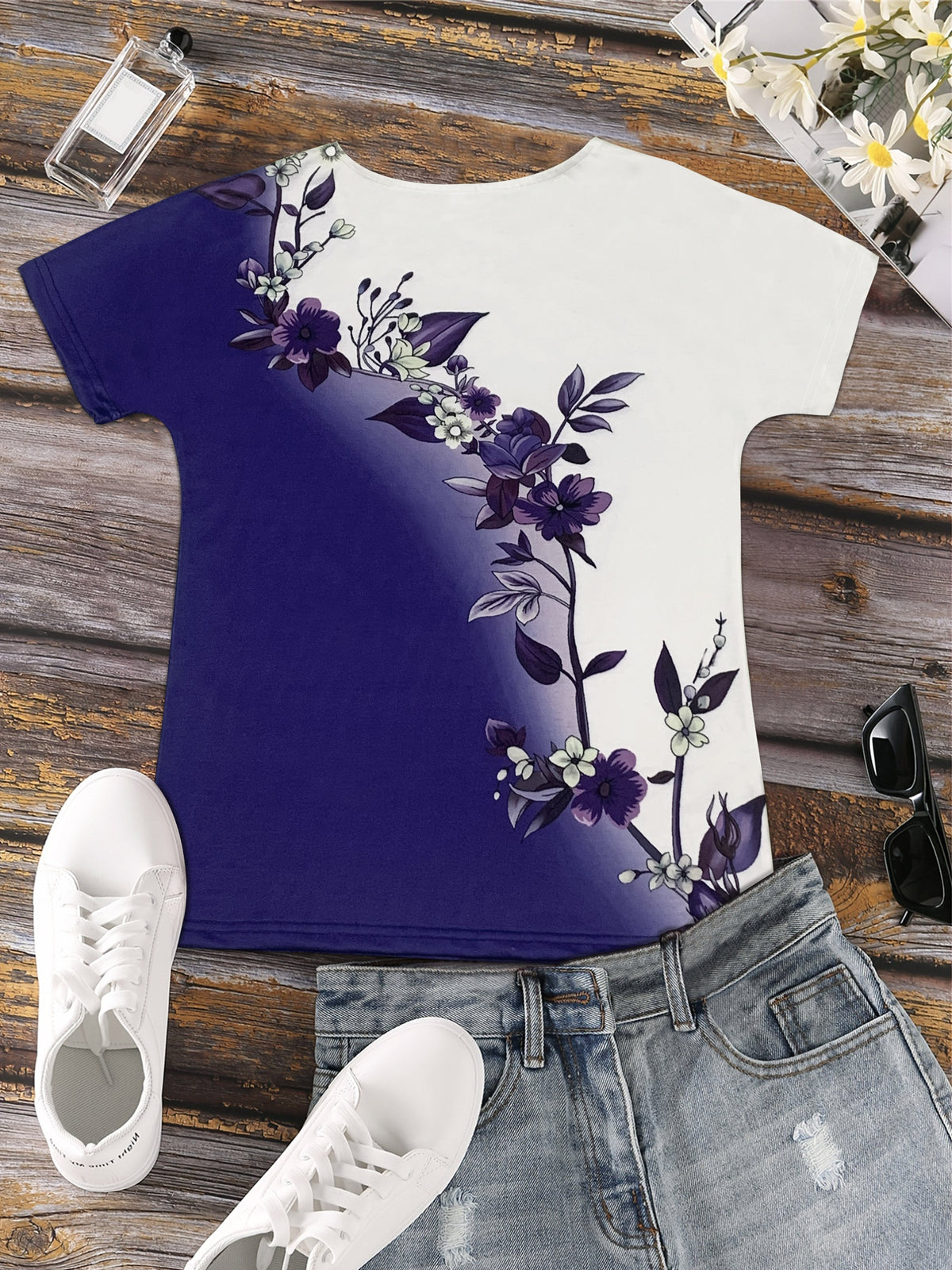 Short Sleeve Floral Print Colorblock Crew Neck T-Shirt