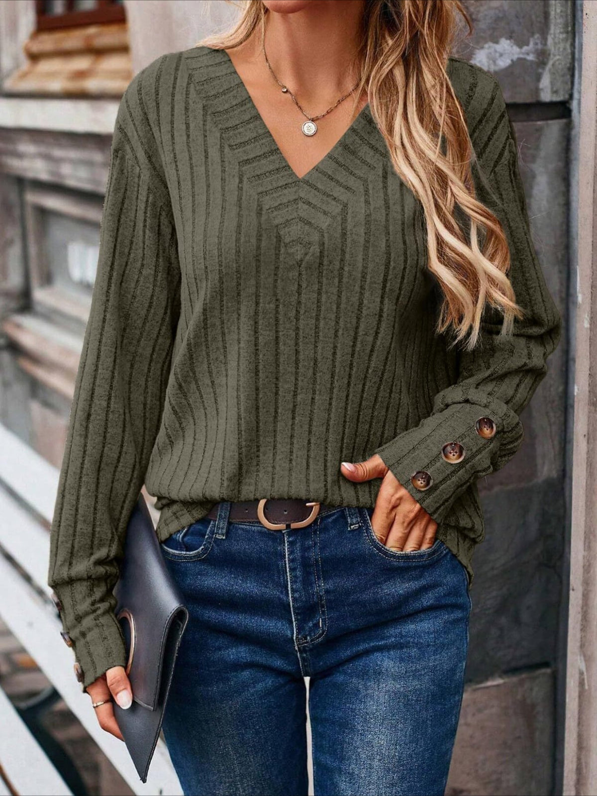 Womens Ribbed Button Detail T-Shirt - Fashionable V-Neck Long Sleeve Top