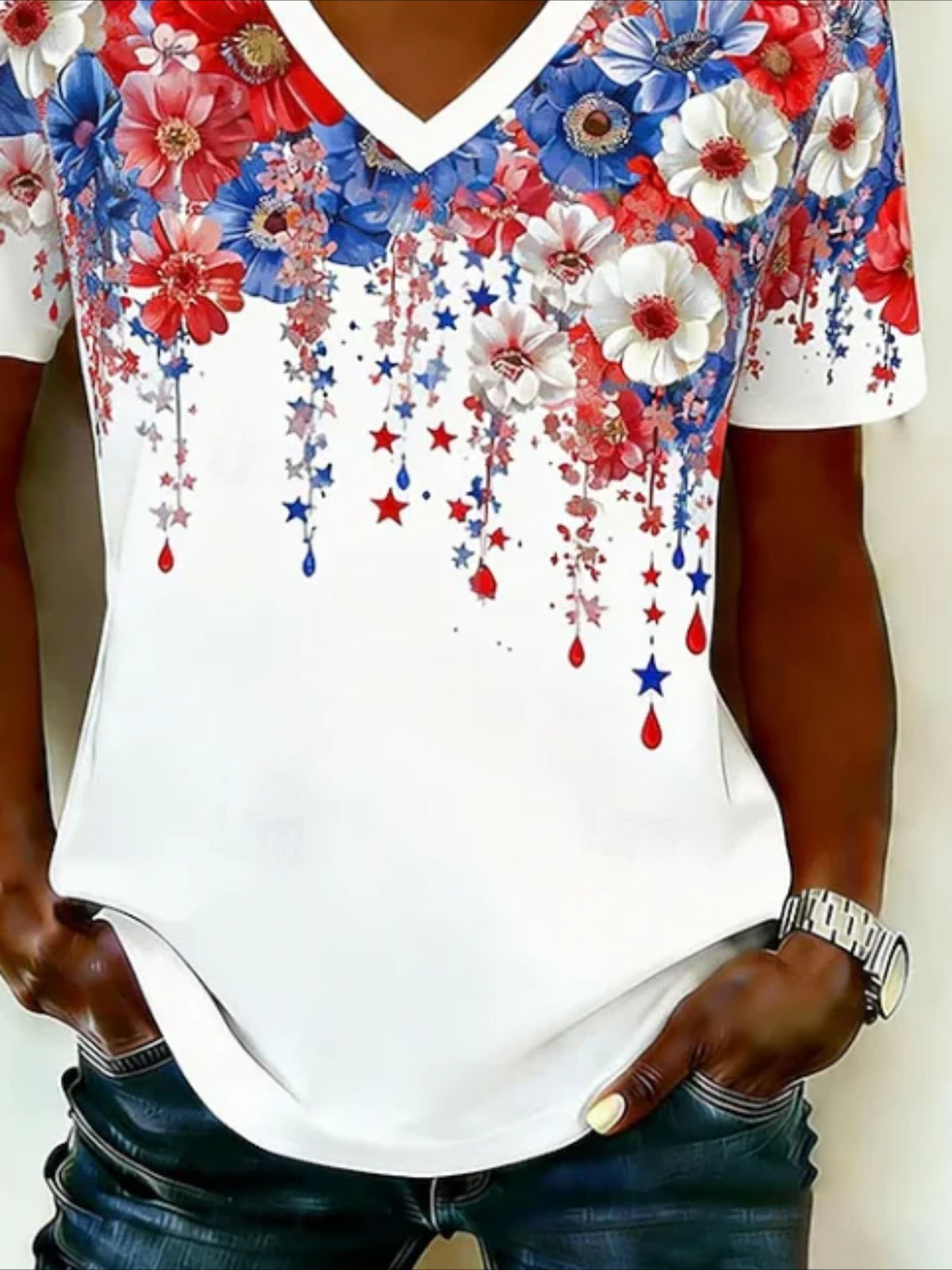 Vintage Floral V Neck Short Sleeve T-shirt
