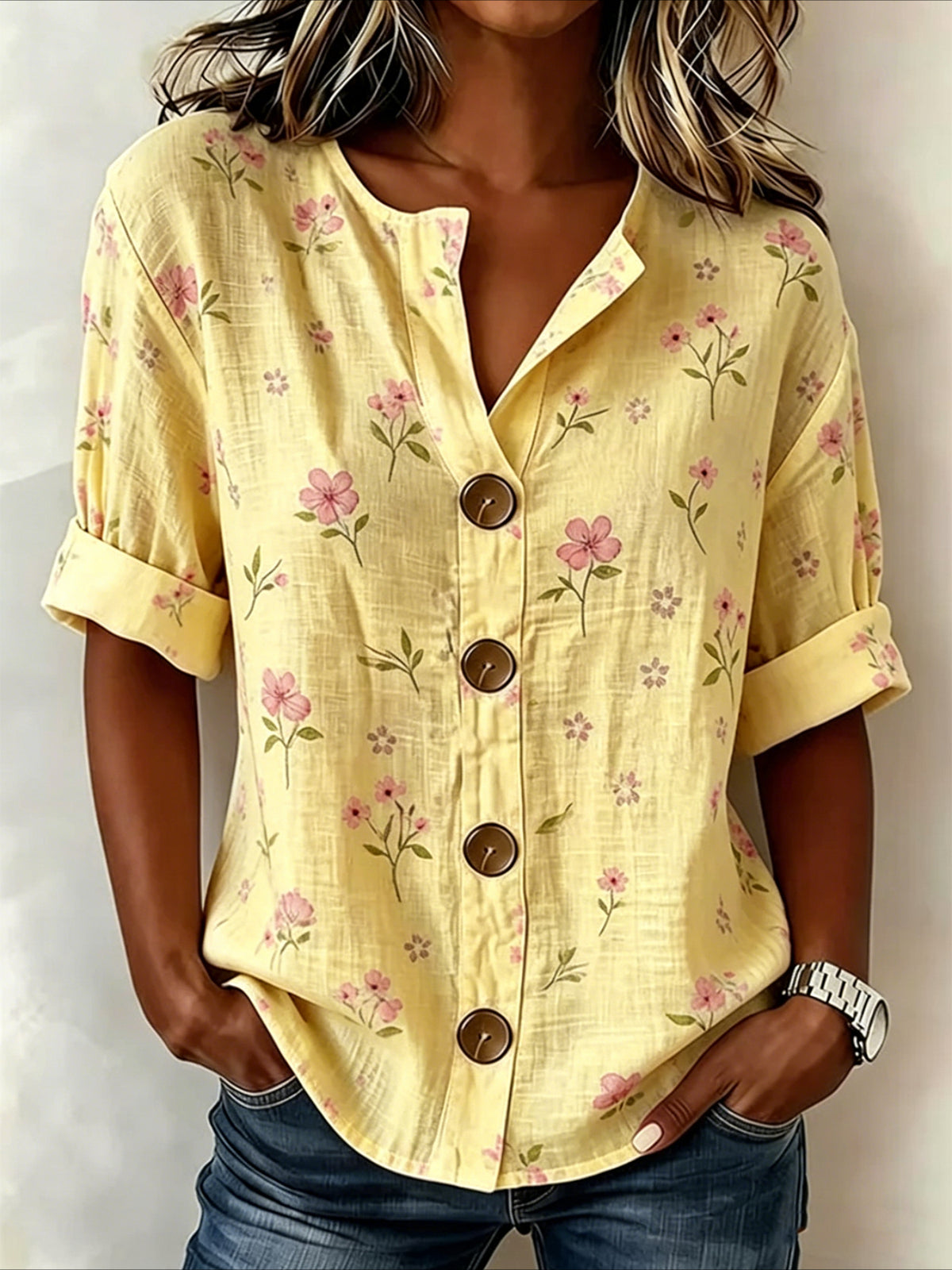 Strip Loose Stand Collar Simple Linen Blend Long Sleeve Shirt