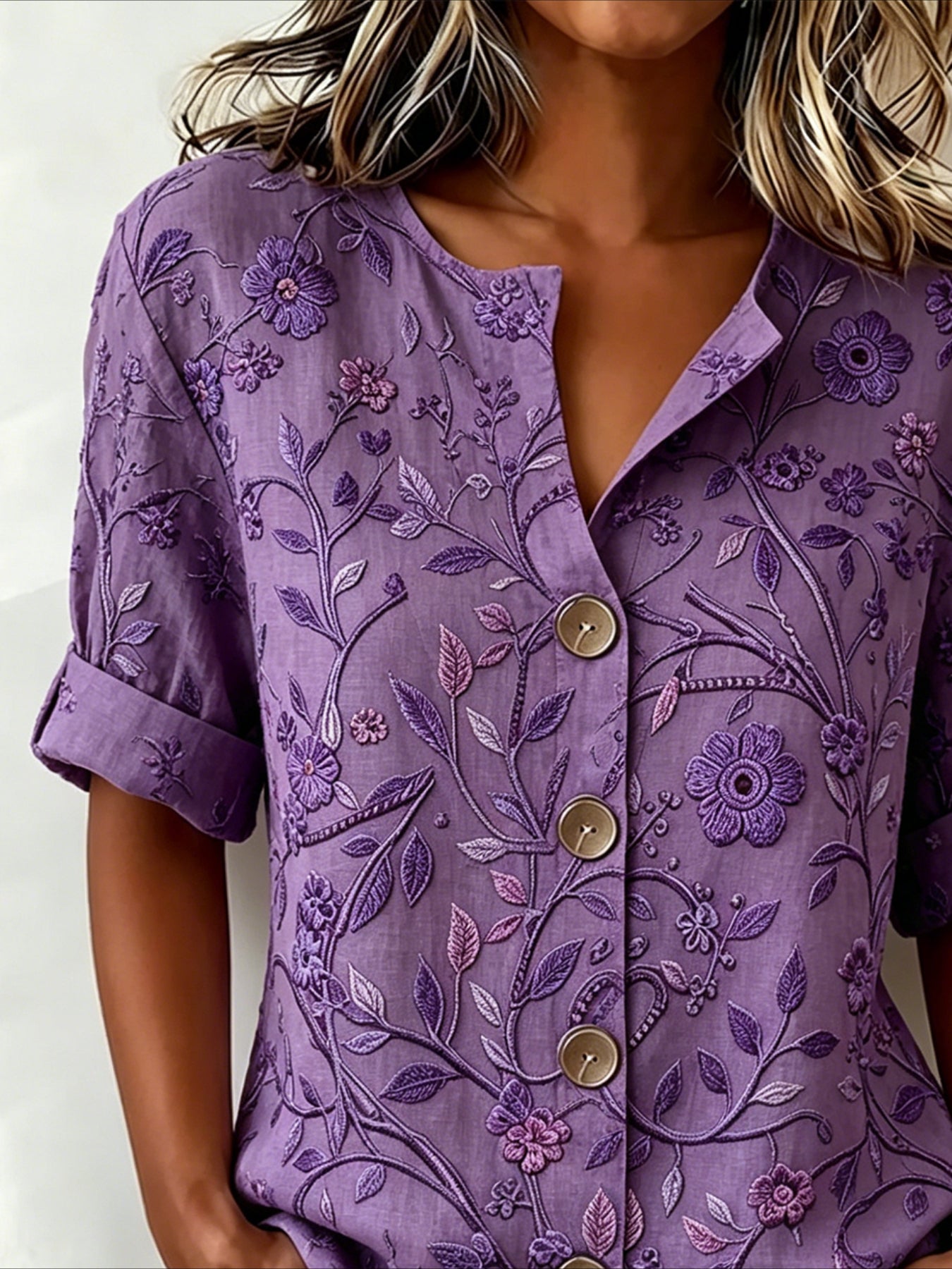 Floral Loose Stand Collar Simple Linen Blend Long Sleeve Shirt