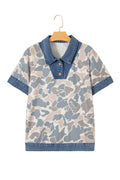 Multicolour Camouflage Print Denim Patchwork Polo Collar Tee