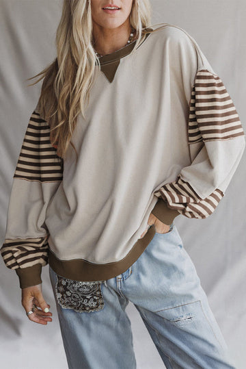 Parchment Striped Colorblock Patchwork Drop Shoulder Sweatshirt