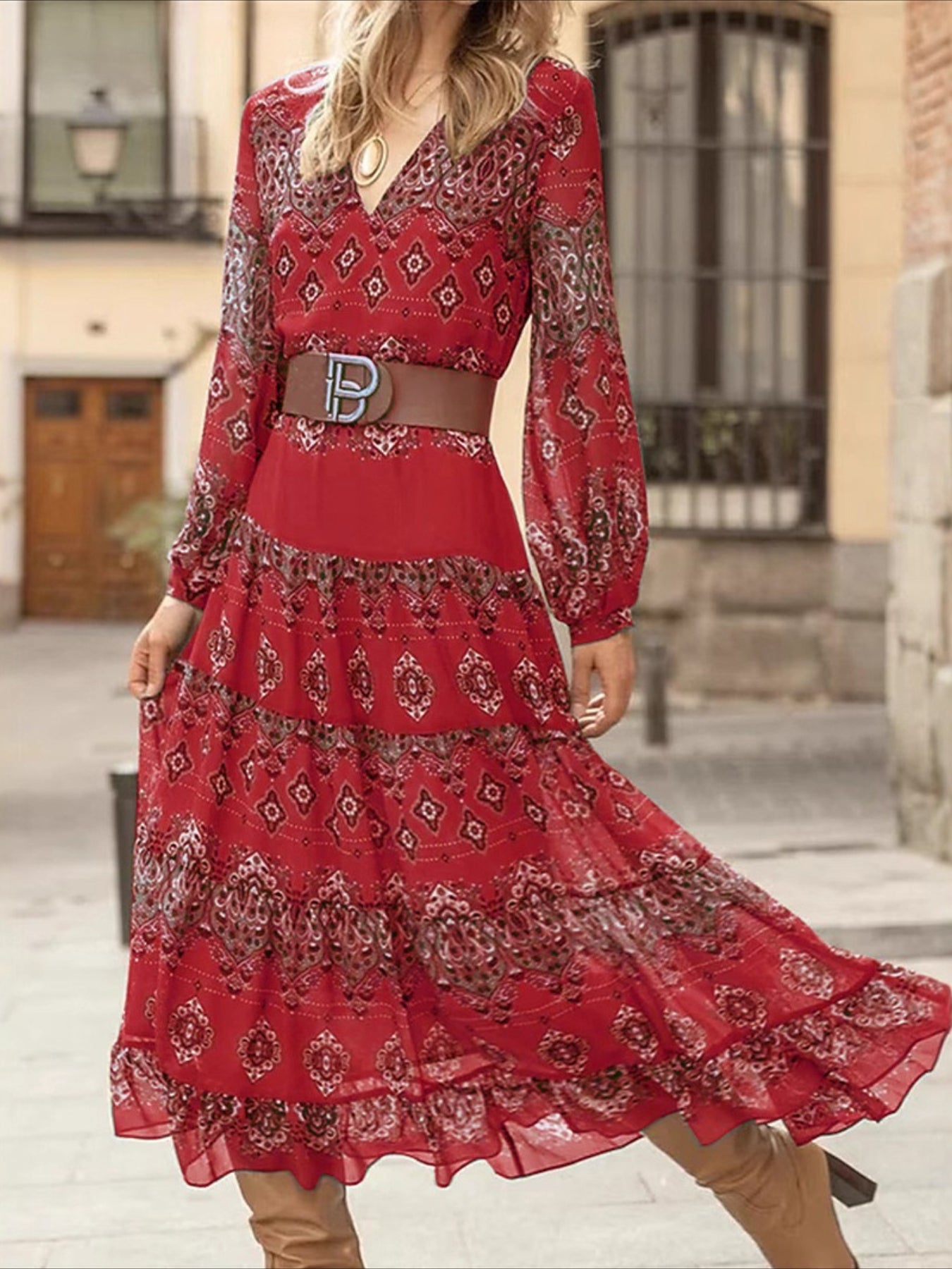 V Neck Long Sleeve Chiffon Vacation Ethnic Midi Dress
