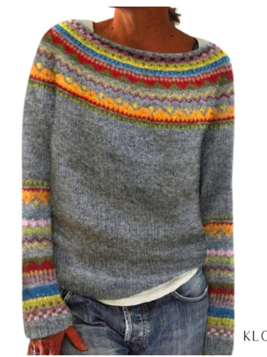 Elegant Color-Block Round Neck Long Sleeve Pullover Sweater