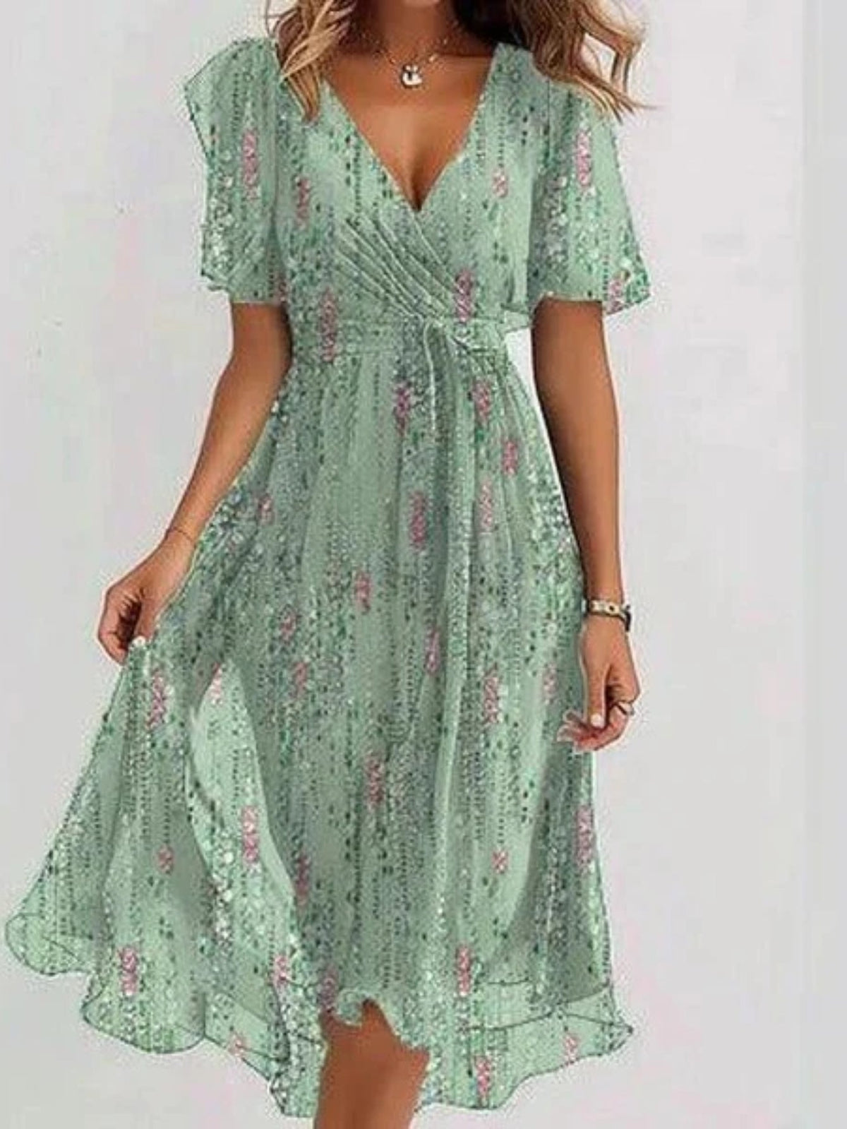 Short Sleeve V-Neck Floral Dress