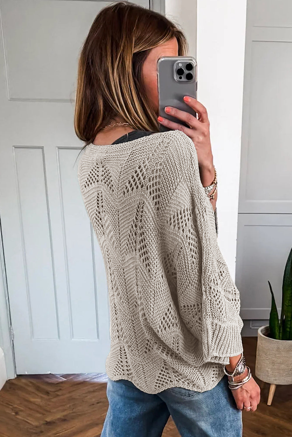 Seagrass Hollow Out Knit 7/8 Sleeve Casual Sweater