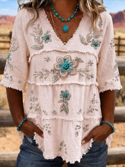 V Neck Floral Print Tiered Blouse with Frayed Trim