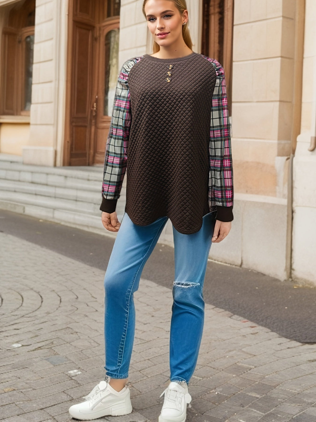 Plaid Print Button Front Crew Neck T-Shirt, Casual Long Sleeve Top