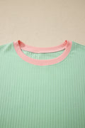 Clearly Aqua Soft Ribbed Color Block Trim Casual Short Set