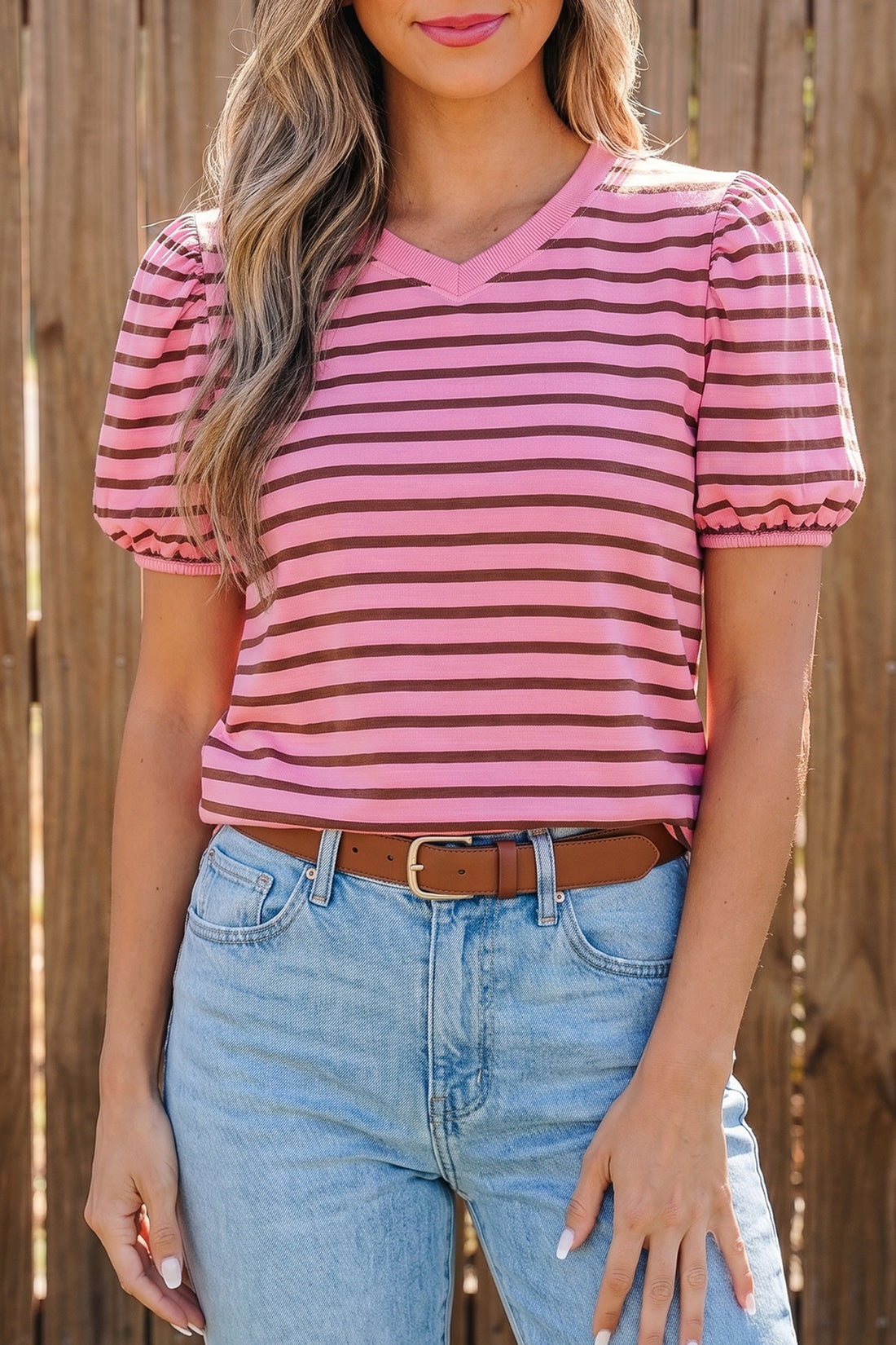 Rose Stripe Striped V-Neck Ribbed Collar Cuff Gathering Puff Sleeve Top