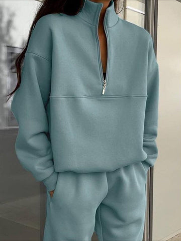 Cozy Fleece Zip-Up Top & Loose Pants Two-Piece Set