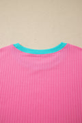 Sachet Pink Soft Ribbed Color Block Trim Casual Short Set