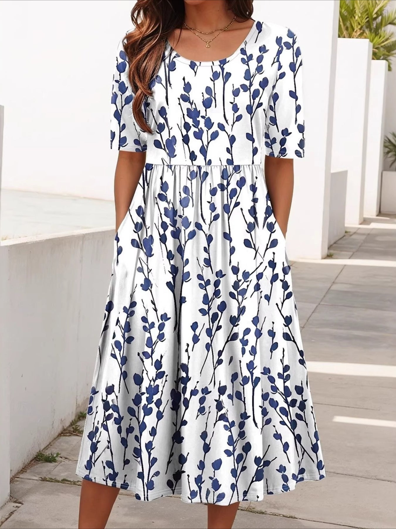 Floral Summer Printing Crew Neck Short Sleeve H-Line Dress