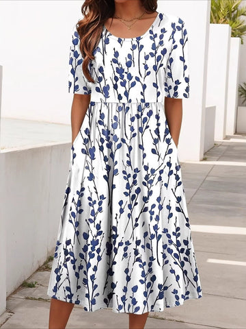 Floral Summer Printing Crew Neck Short Sleeve H-Line Dress