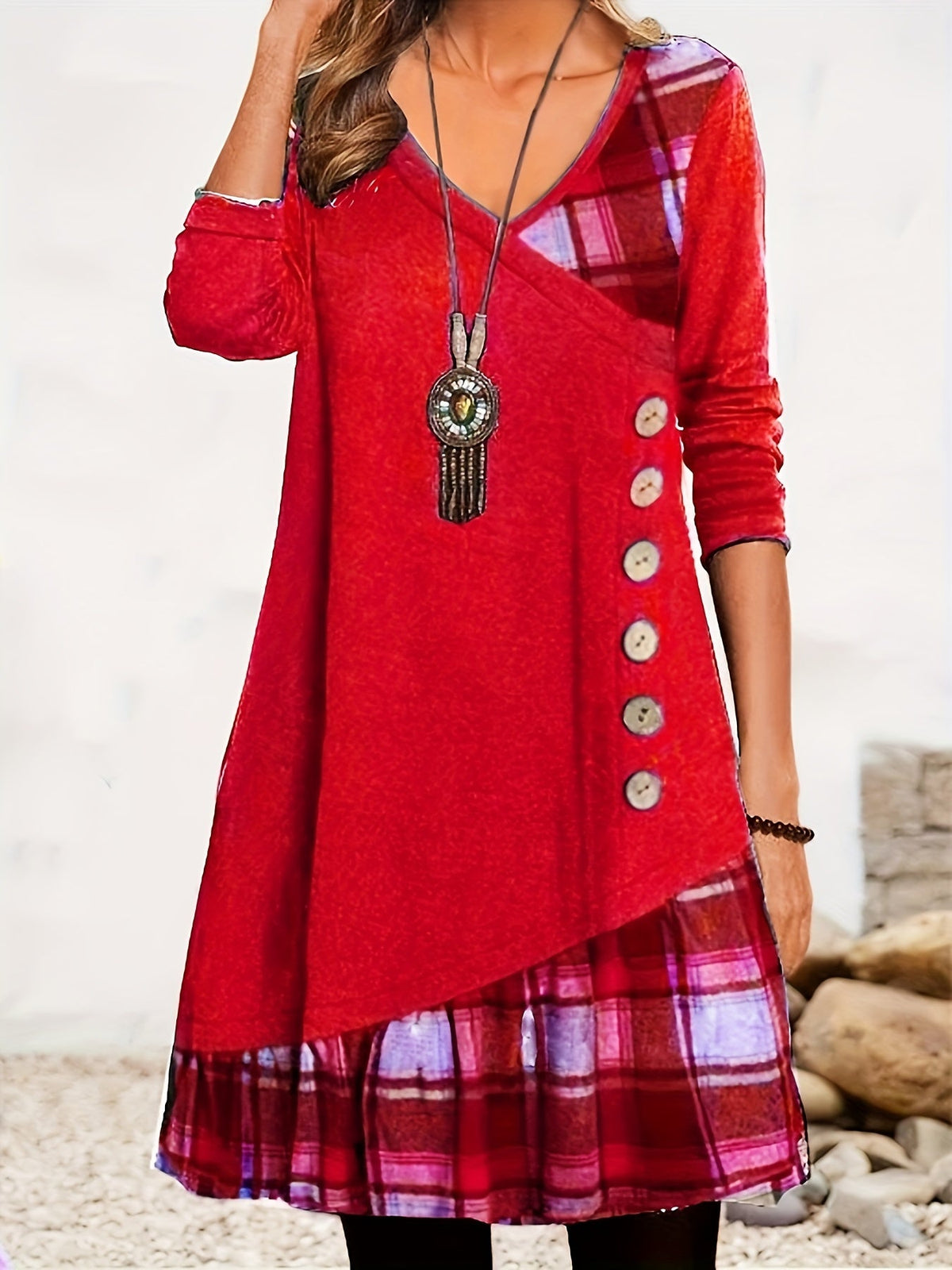 Stylish Plaid Patchwork Dress - Women's Casual Long Sleeve V Neck Ruched Asymmetrical Dresses with Button Detail