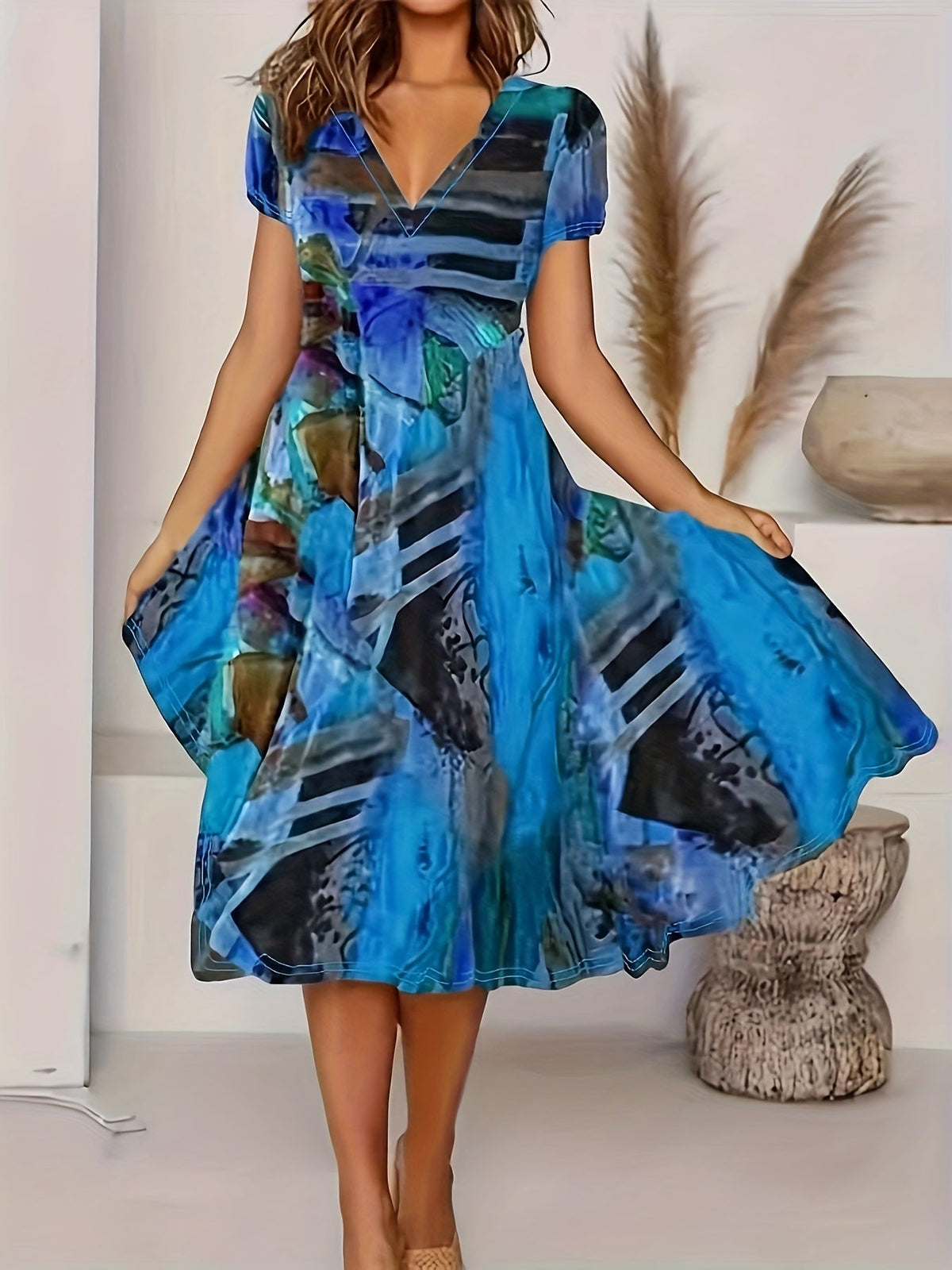 Short Sleeve V Neck Dress, Bohemian Casual Dress