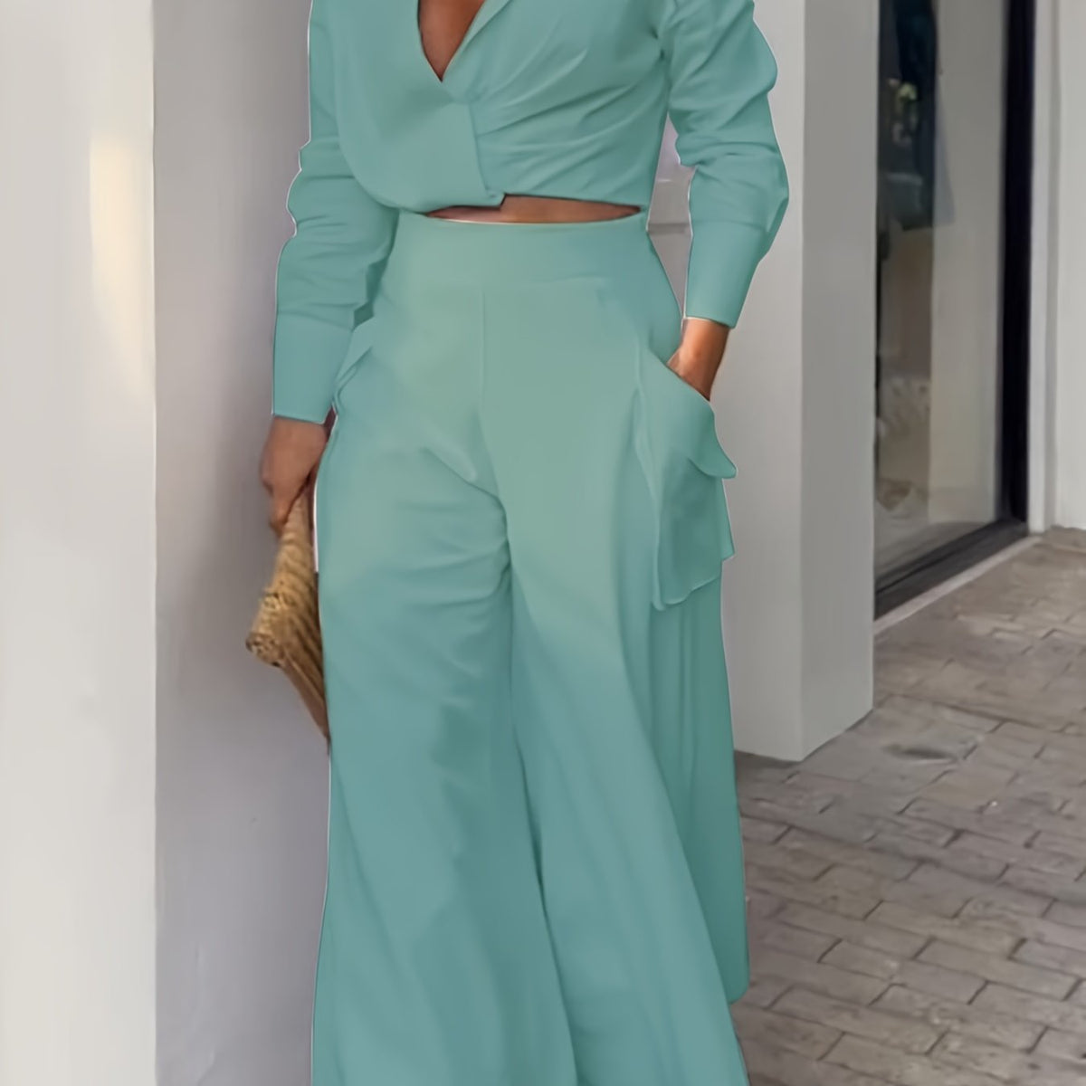 Women's Spring & Fall Loose Two-piece Set, Elegant Solid High Waist Pants And Long Sleeve Top