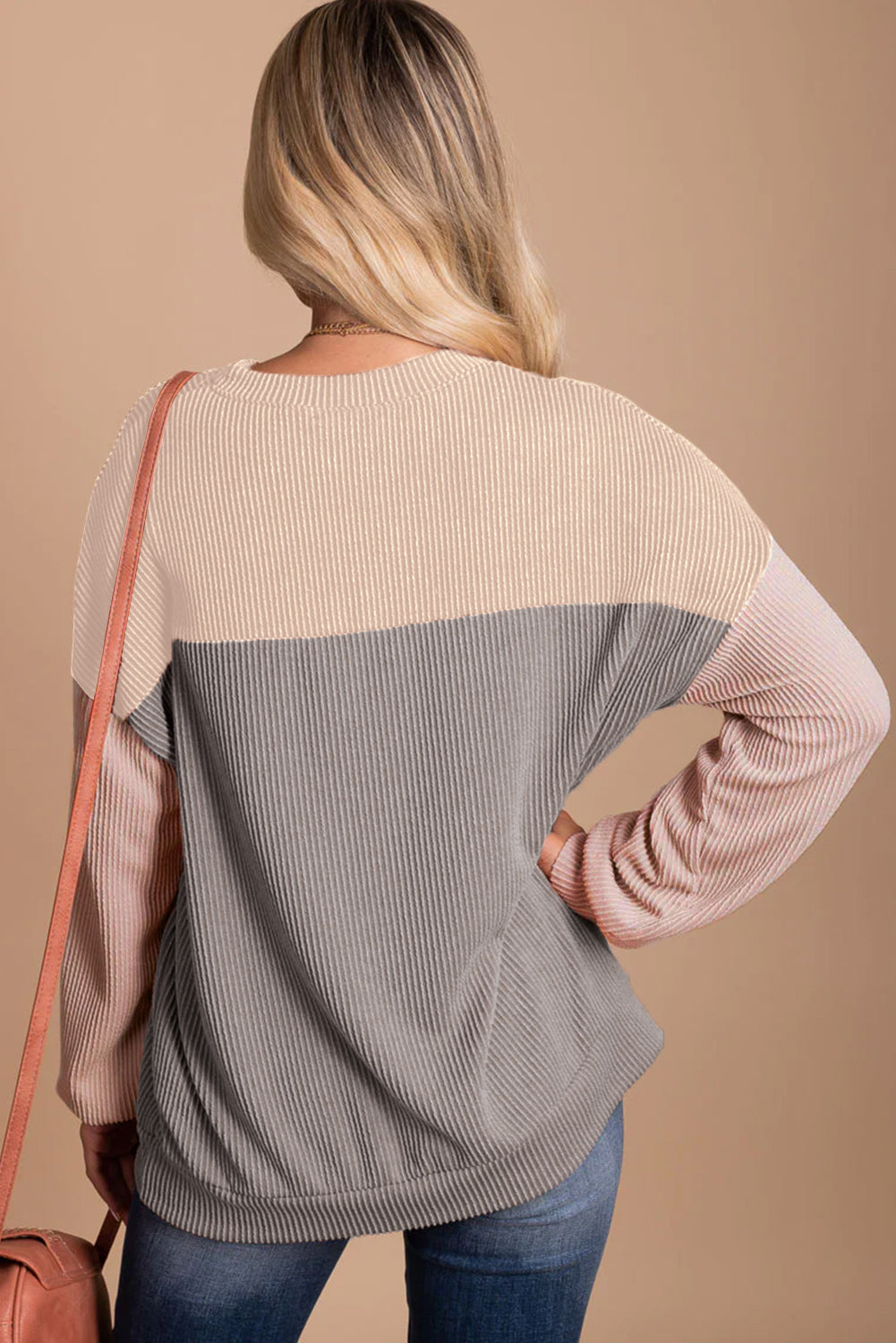Multicolor Color Block Long Sleeve Ribbed Loose Top