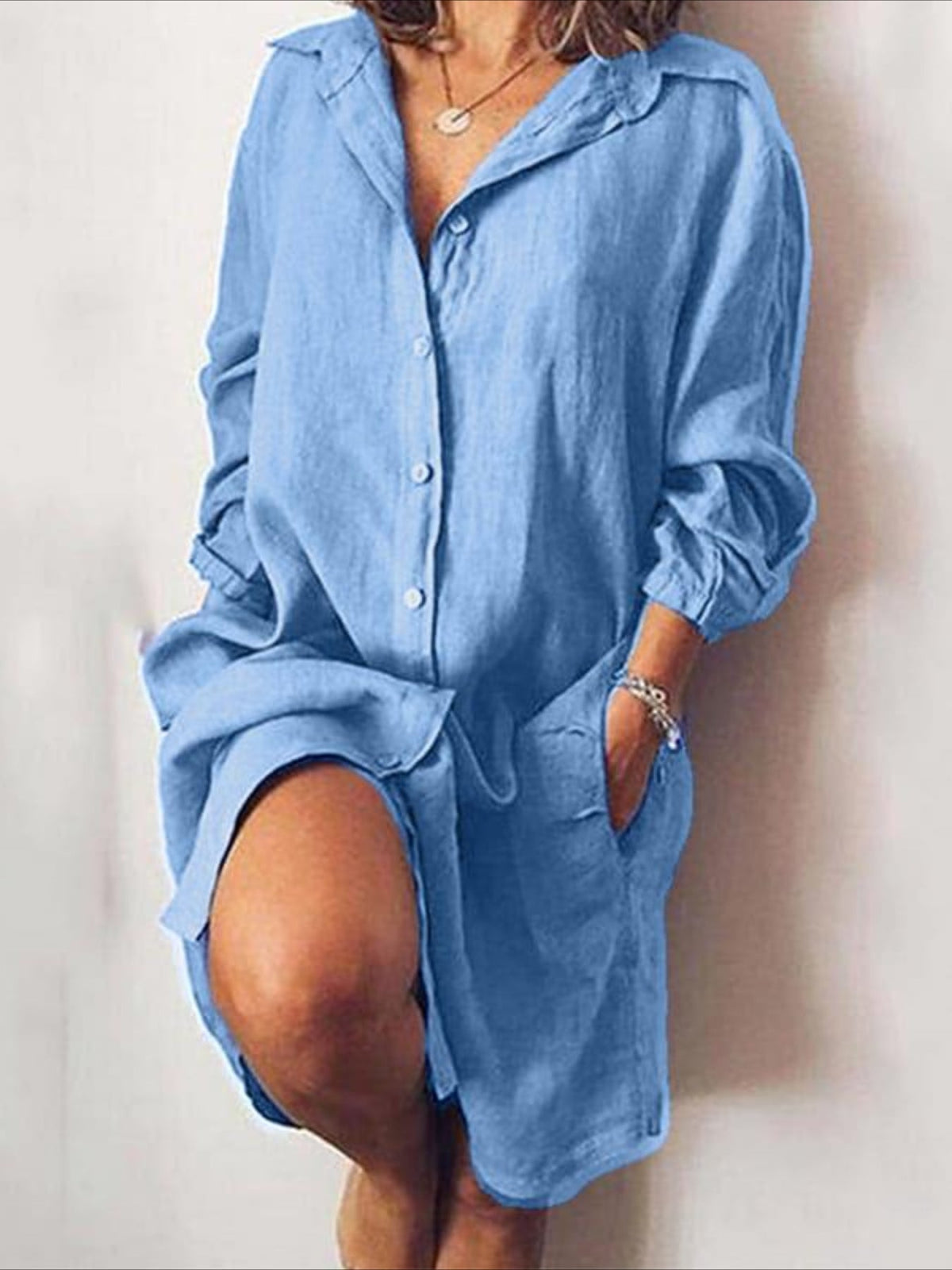 Button Front Solid Shirt Dress, Casual Long Sleeve Long Length Dress