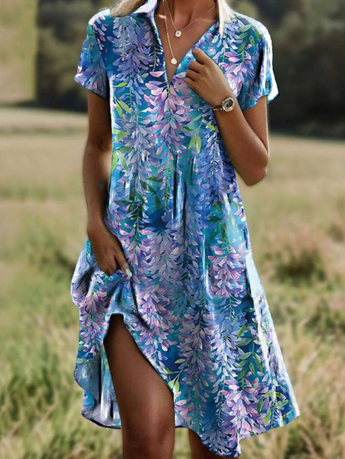 Women's Short Sleeve Floral Shirt Collar Daily Going Out Casual Midi Dress