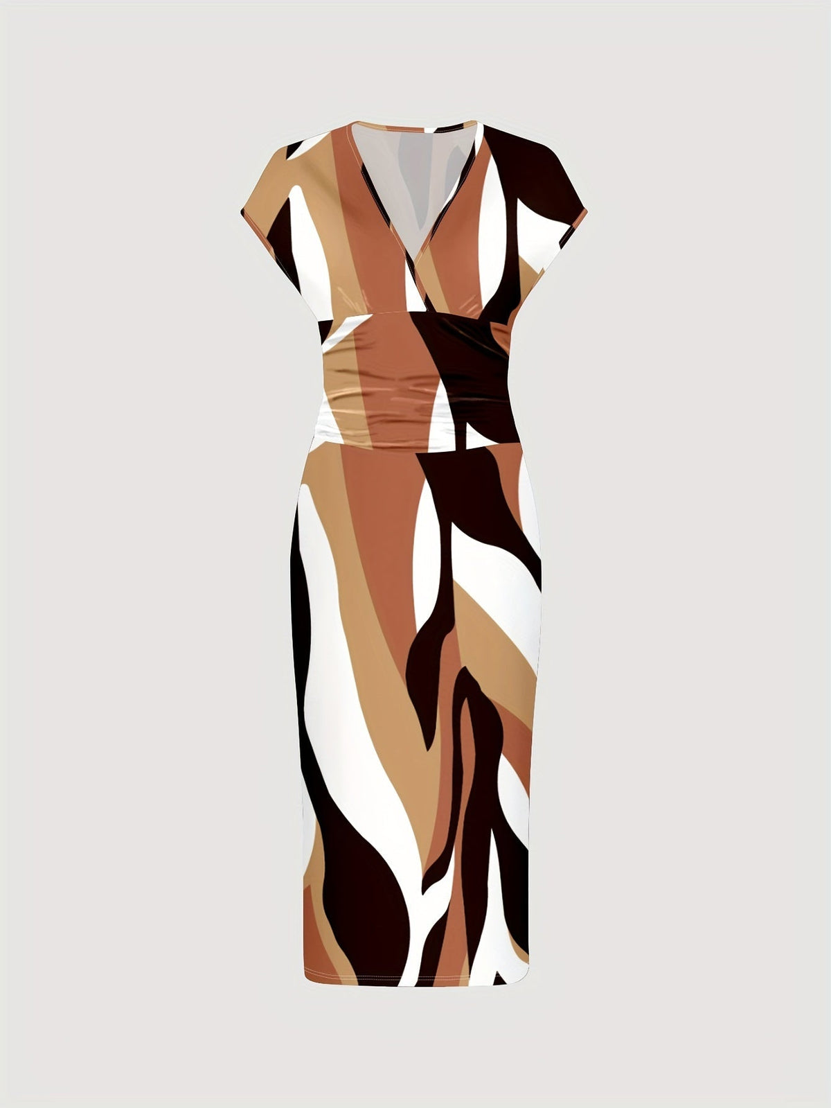 Patchwork Print V Neck Dress, Elegant Short Sleeve Dress
