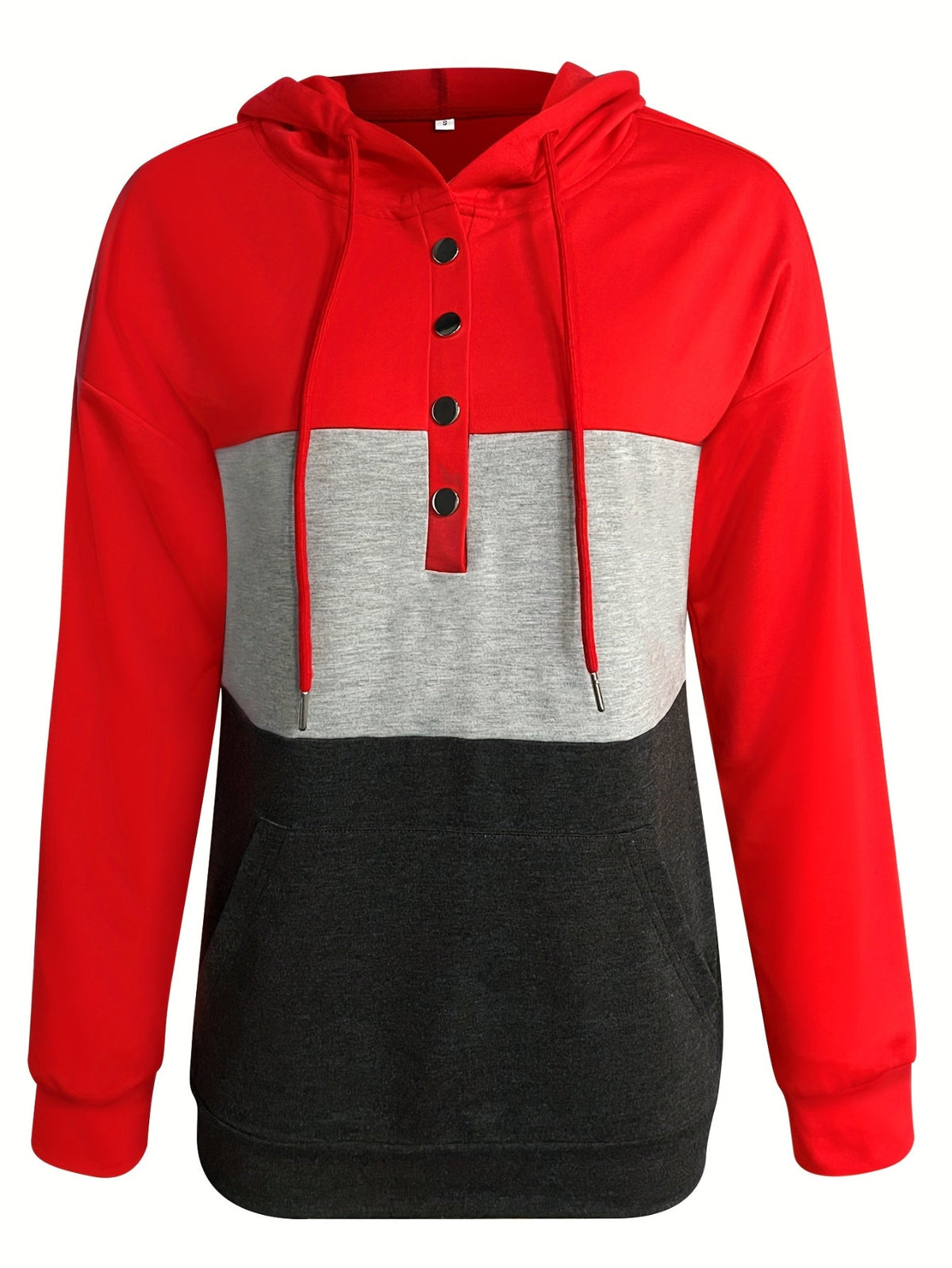 Color Block Button Drawstring Hoodie, Casual Long Sleeve Kangaroo Pocket Sweatshirt