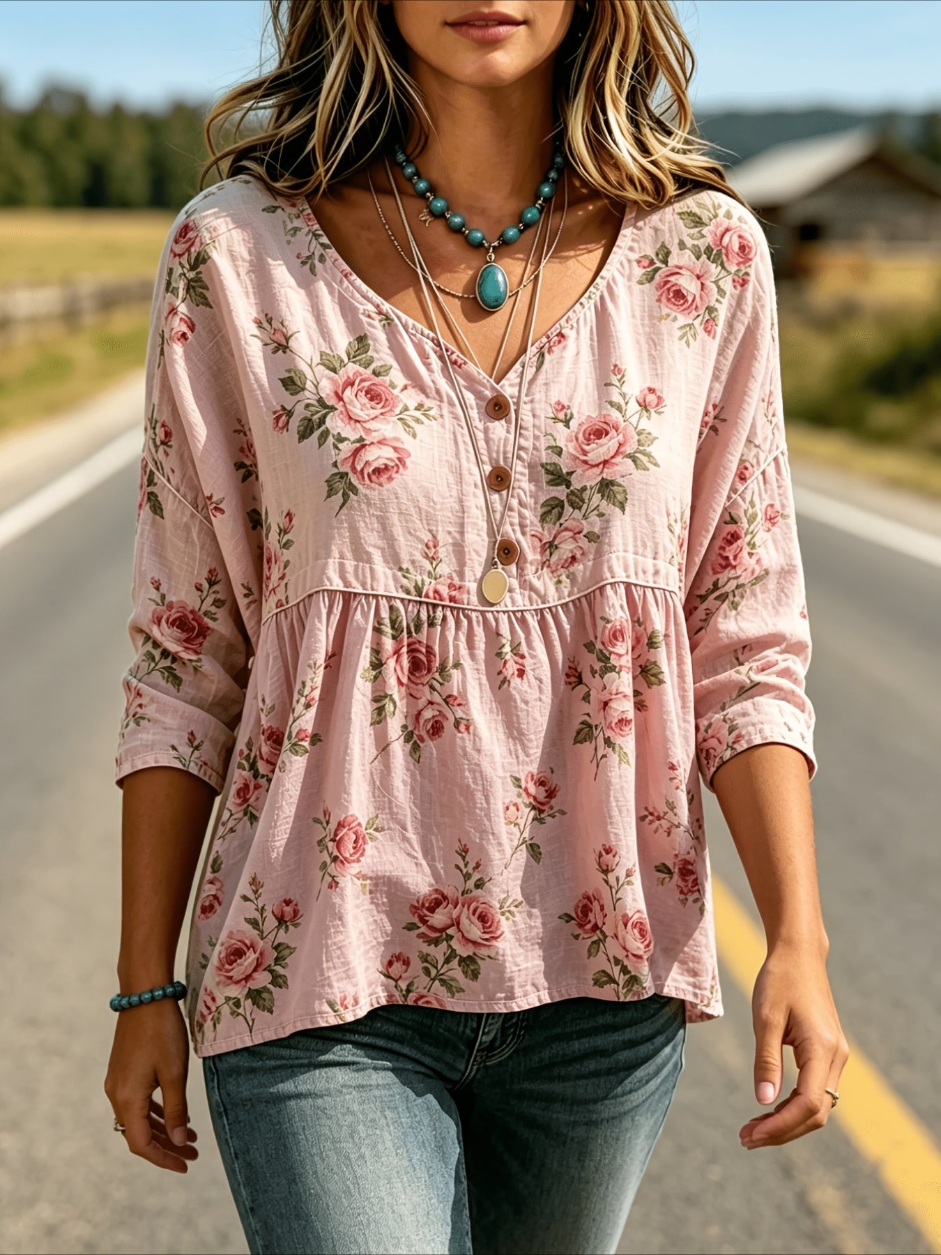 Floral Print 3/4 Sleeve V-Neck Three-Button Front Babydoll Blouse