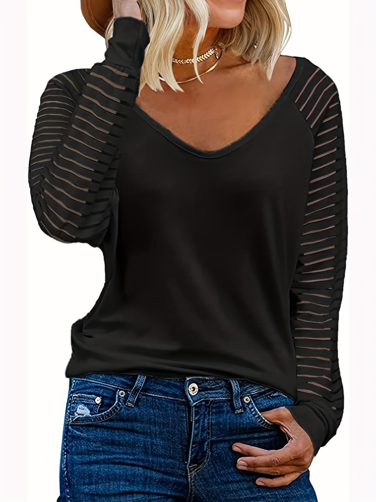Striped Print Long Sleeve T-Shirt, Casual V Neck T-Shirt