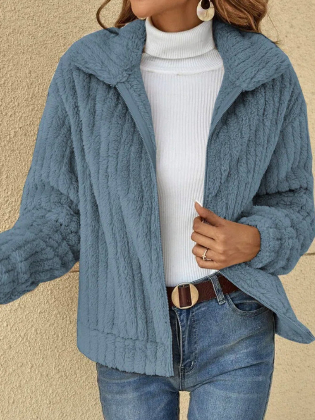 Casual Coat, Women's Fuzzy Long Sleeve Zip Up Lapel Collar Shaggy Teddy Coat