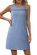 Beau Blue Solid Color Textured Lace Hollowed Detail Sleeveless Mini Dress