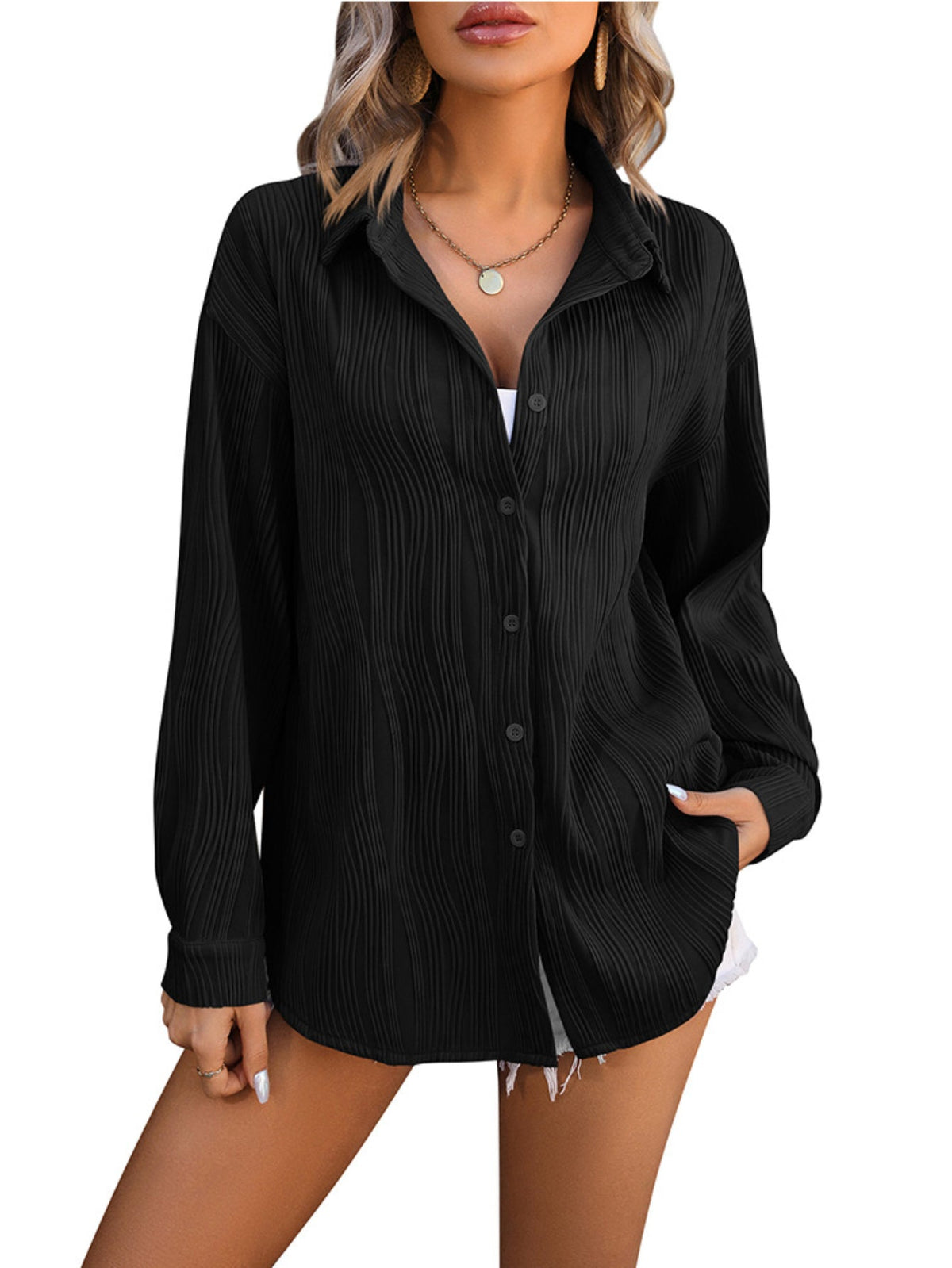 Solid Textured Button Front Shirt, Vintage Long Sleeve Shirt