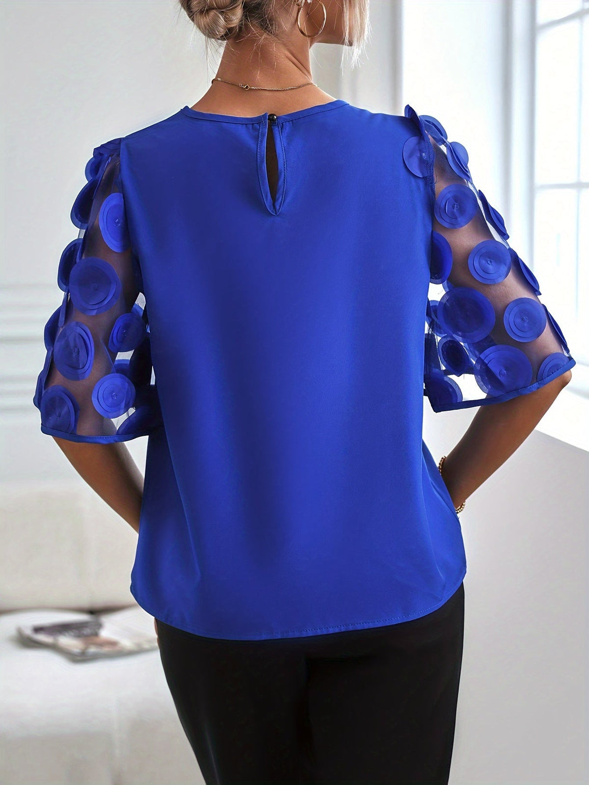 Women's Solid Applique Blouse with Half Sleeves and Mesh Splicing