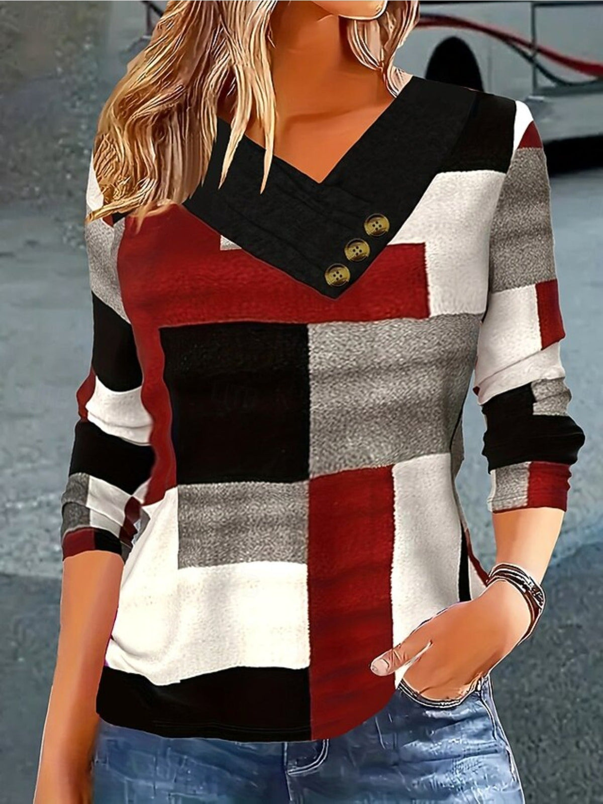 Christmas Tree Print Button Decor T-shirt, Casual Long Sleeve Plaid Print T-shirt
