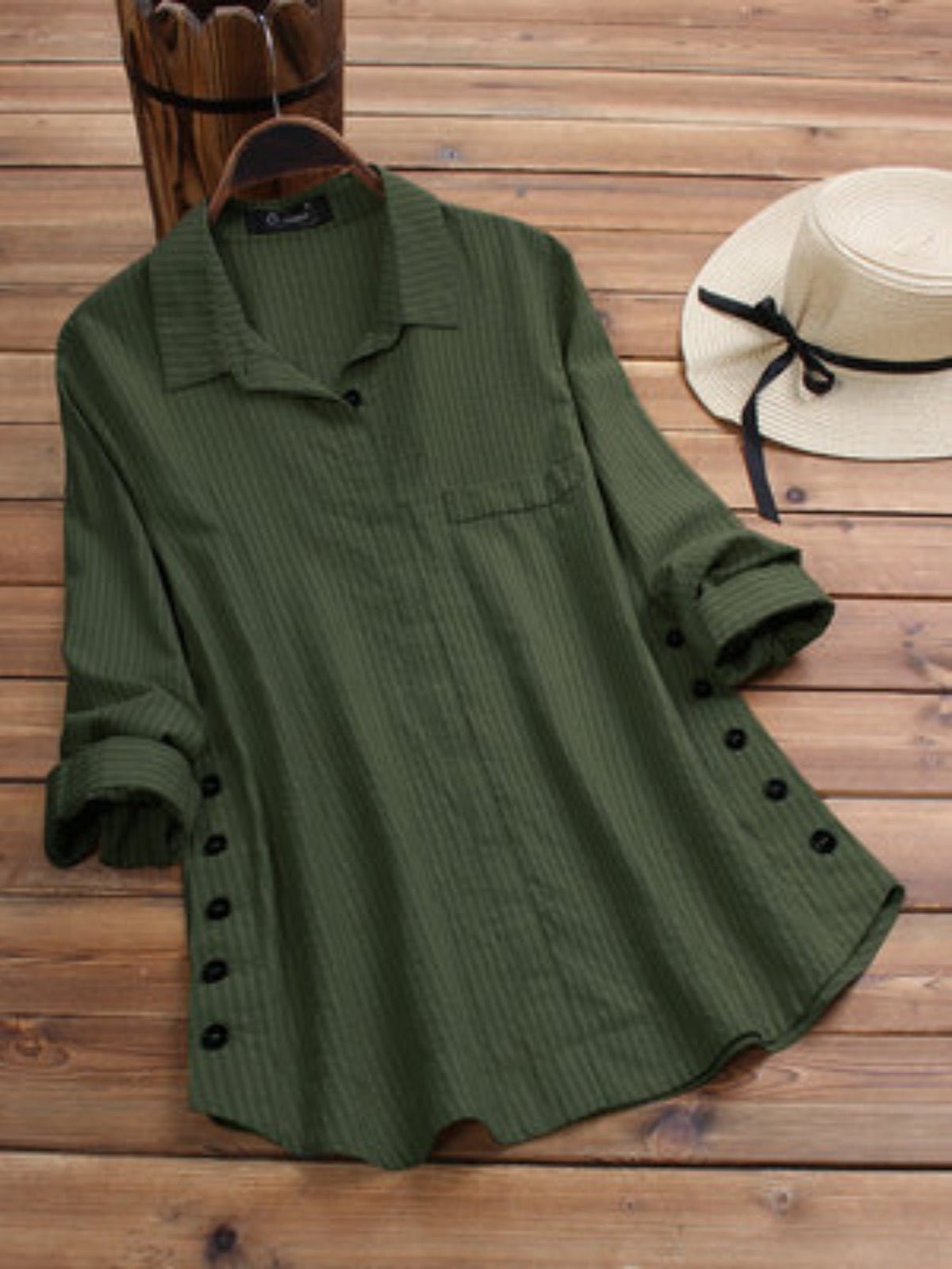 Boho Style Solid Blouse with Rollable Sleeves and Side Buttons - Comfortable and Fashionable